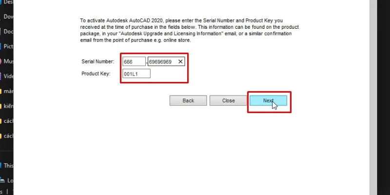 nhập : 666 - 69696969 - 001L1 và bấm next như hình
