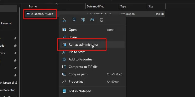 chuột phải vào xf-adesk20_v2 và chọn run as admin