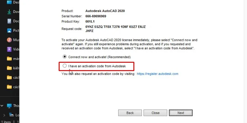 tích vào I have an activation code from Autodesk