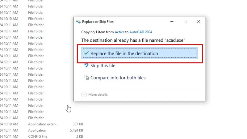AutoCad 2024 tích hợp tính năng máy học (machine learning) 19 Bấm Replace the file in....