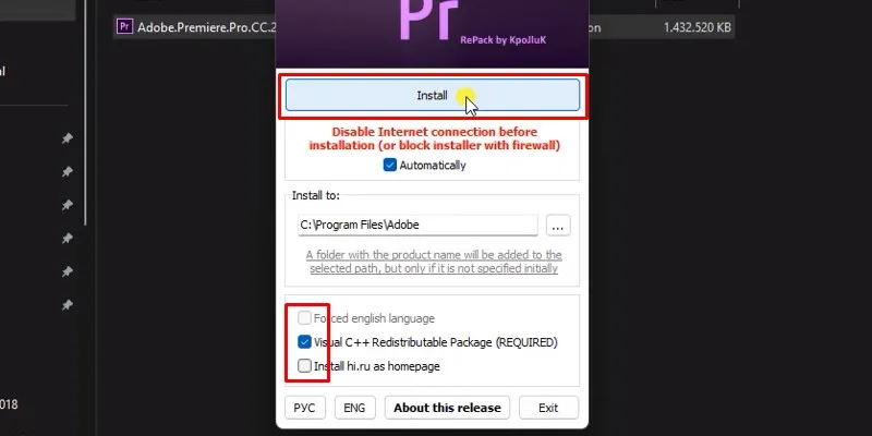 Adobe Premiere Pro CC 2018 Cài Đặt Đơn Giản, Nhanh Chóng 13 Tích như hình và bấm Install