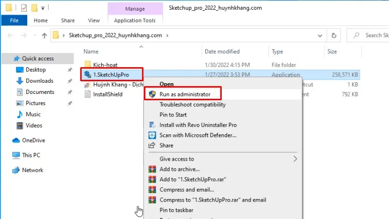 Cài đặt bằng quyền Admin